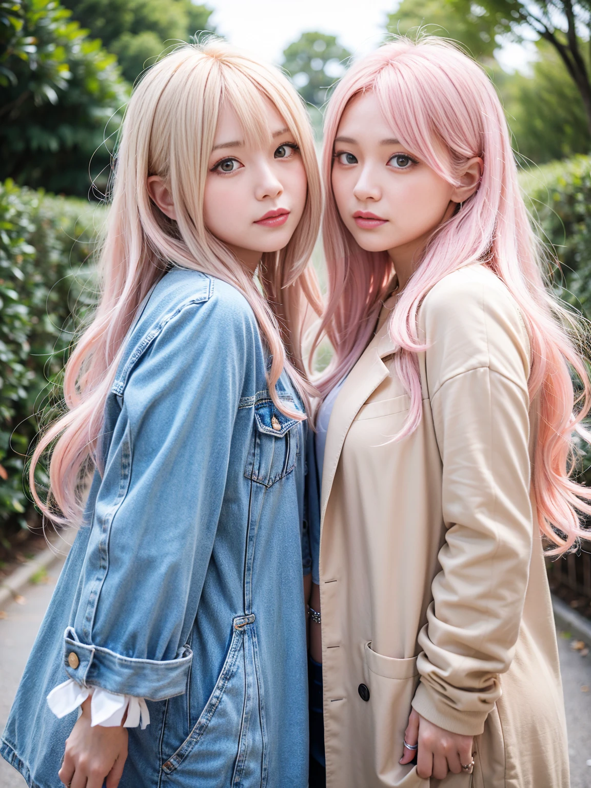 Ai Hoshino, beige pink hair, Blue Hair,Long Hair, favorite , Beautiful, shining eyes, Stars in my eyes, Idol, ２By people, 2 girls, Long pink hair