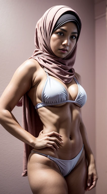 Vogue style side view portrait photo shoot of young malay girl in hijab wearing bikini with pastel colored background in Wes Anderson style, side view, seducing pose, detail skin texture, big breast, dark , camel toe, round breast, wide hips, thick thighs, beer belly, curvy, hyper - realistic photography, Wes Anderson style, full body, 8k, close - up shot, extreme close - up photo