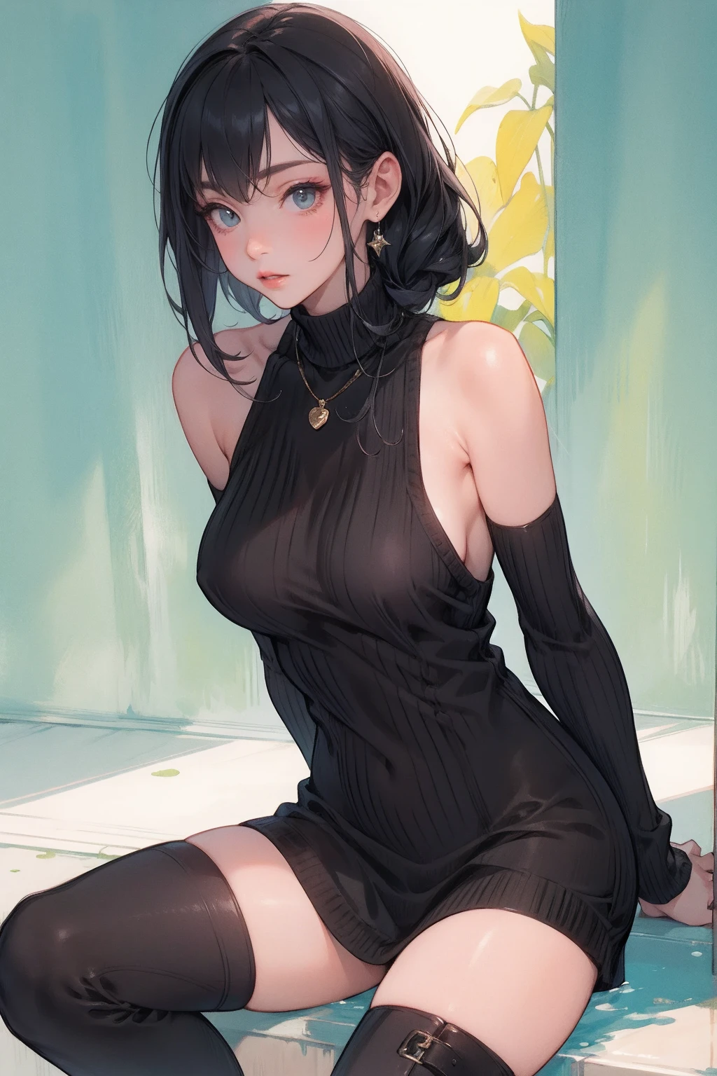 NSFW、Sexy pose、Big Breasts、(((Black mini sweater dress black turtleneck、Black sweater dress black)))、(((Black Thigh Boots、Black women&#39;s long boots)))、(Black Hair、Medium Bob)、