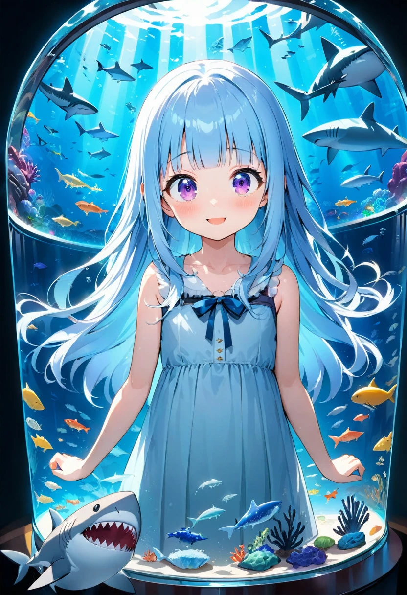 masterpiece, best quality, extremely detailed, (illustration, official art:1.1), 1 girl ,(((( light blue long hair)))), ,(((( light blue long hair)))),light blue hair, , long hair ((blush)) , cute face, big eyes, masterpiece, best quality,(((((a very delicate and beautiful girl))))),Amazing,beautiful detailed eyes,blunt bangs((((little delicate girl)))),(((tareme))),droopy eyes.(true beautiful:1.2), sense of depth,dynamic angle,,,, affectionate smile, (true beautiful:1.2),,(tiny 1girl model:1.2),)(flat chest),1 Girl, alone,Purple eyes, Long Hair, blunt bangs, bangs,(girl it look at See the sharks ), aquarium, Glass tunnel, sea creature, school of fish, illumination, Blue light, Aquarium, reflection, adventure, excited, Light effects, mysterious