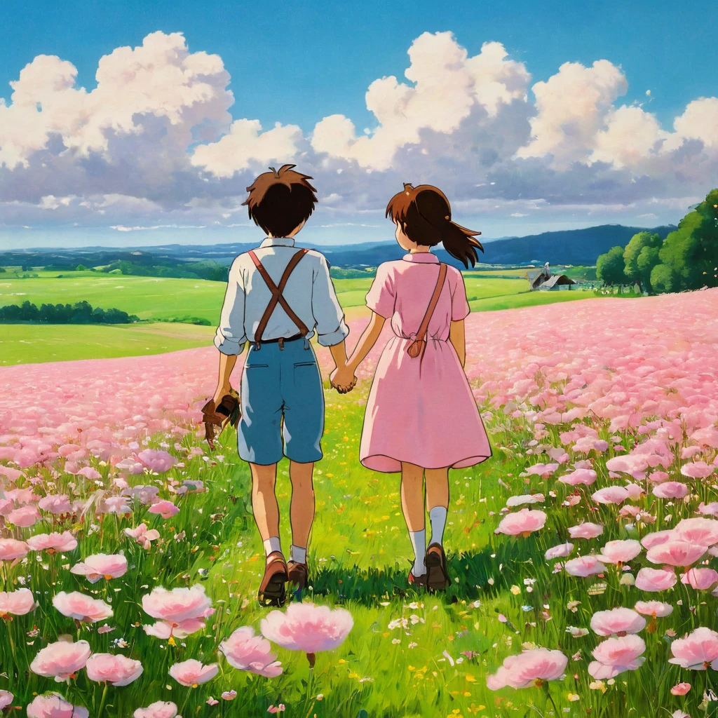 (((best quality)))), Realistic, authentic, beautiful and amazing landscape with a girl  and boy holding hands on the field oil painting Studio Ghibli Hayao Miyazaki pasture petals with blue sky and white clouds, no humans.the girl and boy looking happily enjoying the landscape ,the windshield flashing pink, pink glancing off of metal, brushing the dented flank of blue, beat-up enamel, Studio Ghibli
