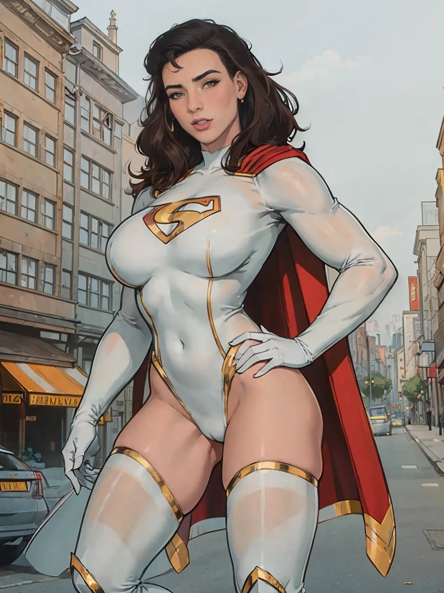 Gorgeous and sultry busty athletic (thin) brunette with sharp facial features wearing a white and gold superhero leotard, long flowing cape, gloves, thigh-high boots. Standing, city street.