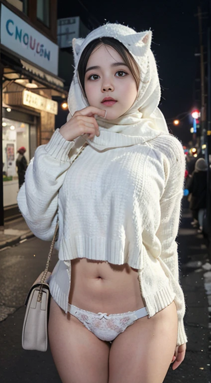 mira filzah drinking glass of milk wearing big knitted sweater and panties in night city street, (mira filzah:1.6), wearing hijab, cute white cat by her side, pastel color hijab, tall,