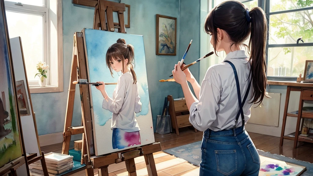 masterpiece, best quality, very aesthetic, absurdres, tegaki, (watercolor painting:1.4), 1girl, solo, painting, easel, indoors, artist, creative, serene, natural light, from behind, three-quarter view, canvas, palette, holding a brush, brunette, low ponytail, brown eyes, looking at canvas, concentrated expression, casual clothing, jeans, white shirt, sleeves rolled up, barefoot, wooden floor, art studio, walls adorned with finished paintings, peaceful, afternoon