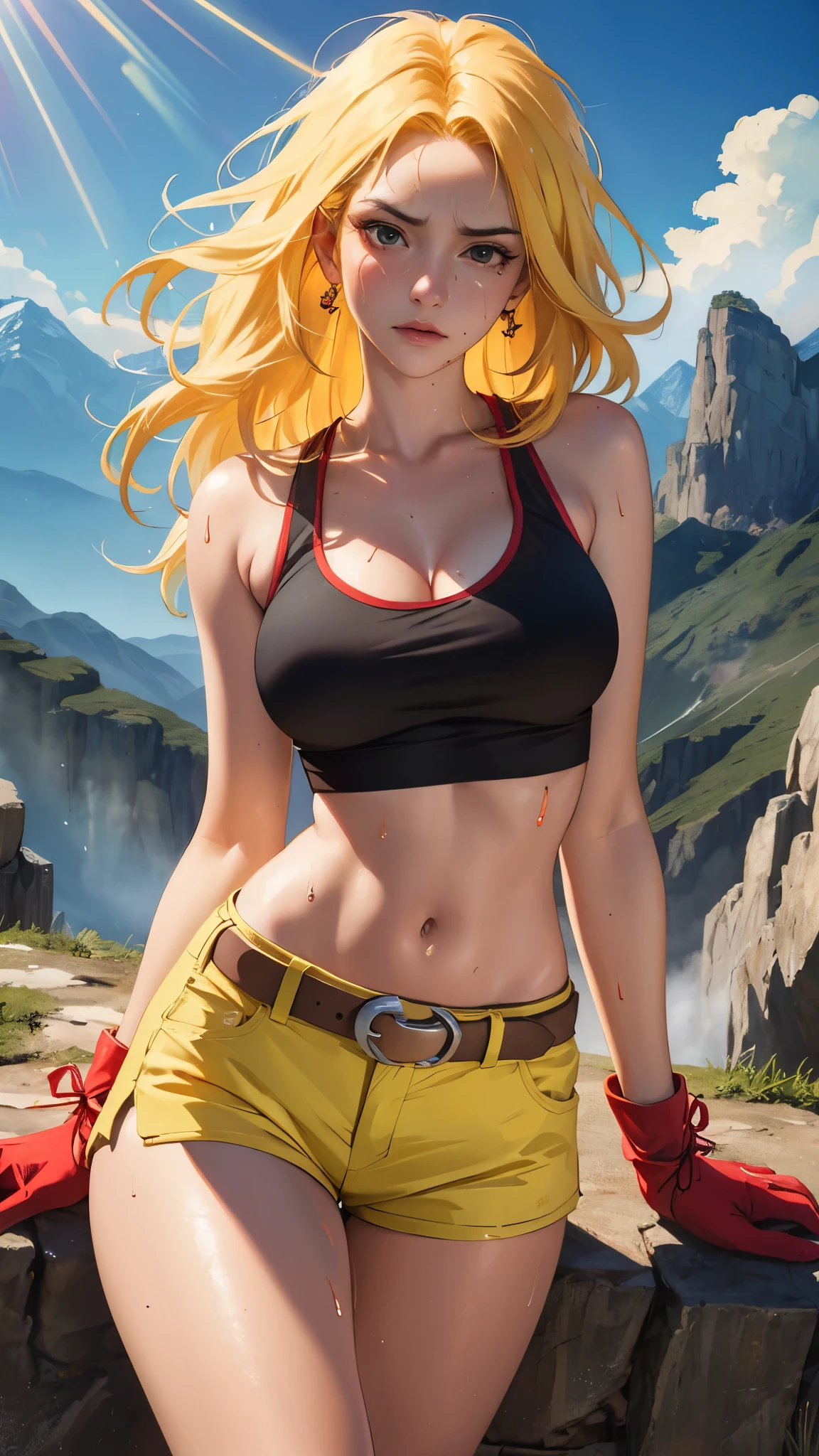 ((((masterpiece, best quality, high resolution)))), Extremely detailed 8K, 1 female, (Launch from Dragon Ball) wearing a light-green belly-baring crop tank top, yellow shorts with a red belt, brown fingerless gloves and red shoes with the Nike insignia worn with green sock, ((with a red ribbon on her hair)), (Ultra HD, Ultra-detailed, Highly detailed, Highly realistic, Ultra-realistic, photograph realistic), (1girl:1.5), (Realistic long yellow hair), (dynamic poses), facing at camera, looking at viewer, (a serious focus face), (regular black eyes, sharp eyes), (perky breasts:1.2), (beautiful detailed face, beautiful detailed eyes), ((slightly sweating)), (mountainous background), sweat, glow, (sunbeam, sunlight), ((cowboy shot)), seductive, EnvyBetterHands LoCon,