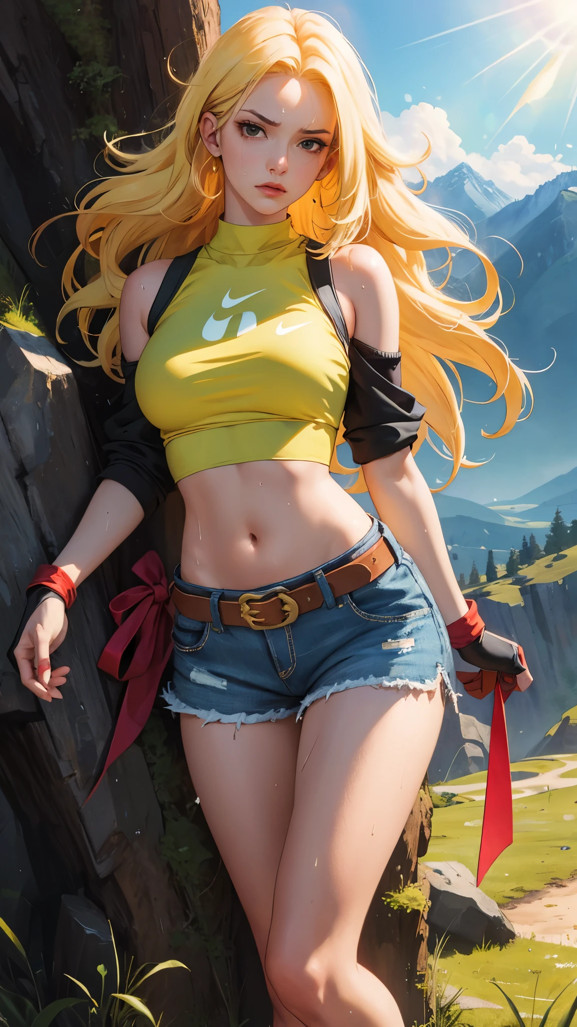 ((((masterpiece, best quality, high resolution)))), Extremely detailed 8K, 1 female, (Launch from Dragon Ball) wearing a light-green belly-baring crop tank top, yellow shorts with a red belt, brown fingerless gloves and red shoes with the Nike insignia worn with green sock, ((with a red ribbon on her hair)), (Ultra HD, Ultra-detailed, Highly detailed, Highly realistic, Ultra-realistic, photograph realistic), (1girl:1.5), (Realistic long yellow hair), (dynamic poses), facing at camera, looking at viewer, (a serious focus face), (regular black eyes, sharp eyes), (perky breasts:1.2), (beautiful detailed face, beautiful detailed eyes), ((slightly sweating)), (mountainous background), sweat, glow, (sunbeam, sunlight), ((cowboy shot)), seductive, EnvyBetterHands LoCon,