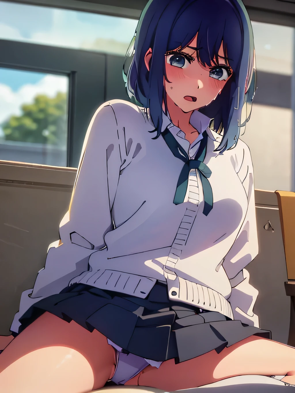 Beautiful lighting, One Girl, solo, Akane,masterpiece, super fine illustration, best quality, ultra-detailed, 8K wallpaper,(blue ribbon),(perple skirts),((white school uniform),(perple tie),(blush:1.2),(sweat:1.2)on bus,bus interior,from front,sitting on sofa,back,back of head,faceless,(open mouth),side shot,
(over-kneehighs),(spread legs very wide),(knees up),sitting,((crosseyed)),(school uniform),(very short miniskirt),((panties)),smart legs,(from below),ryokan,tatami