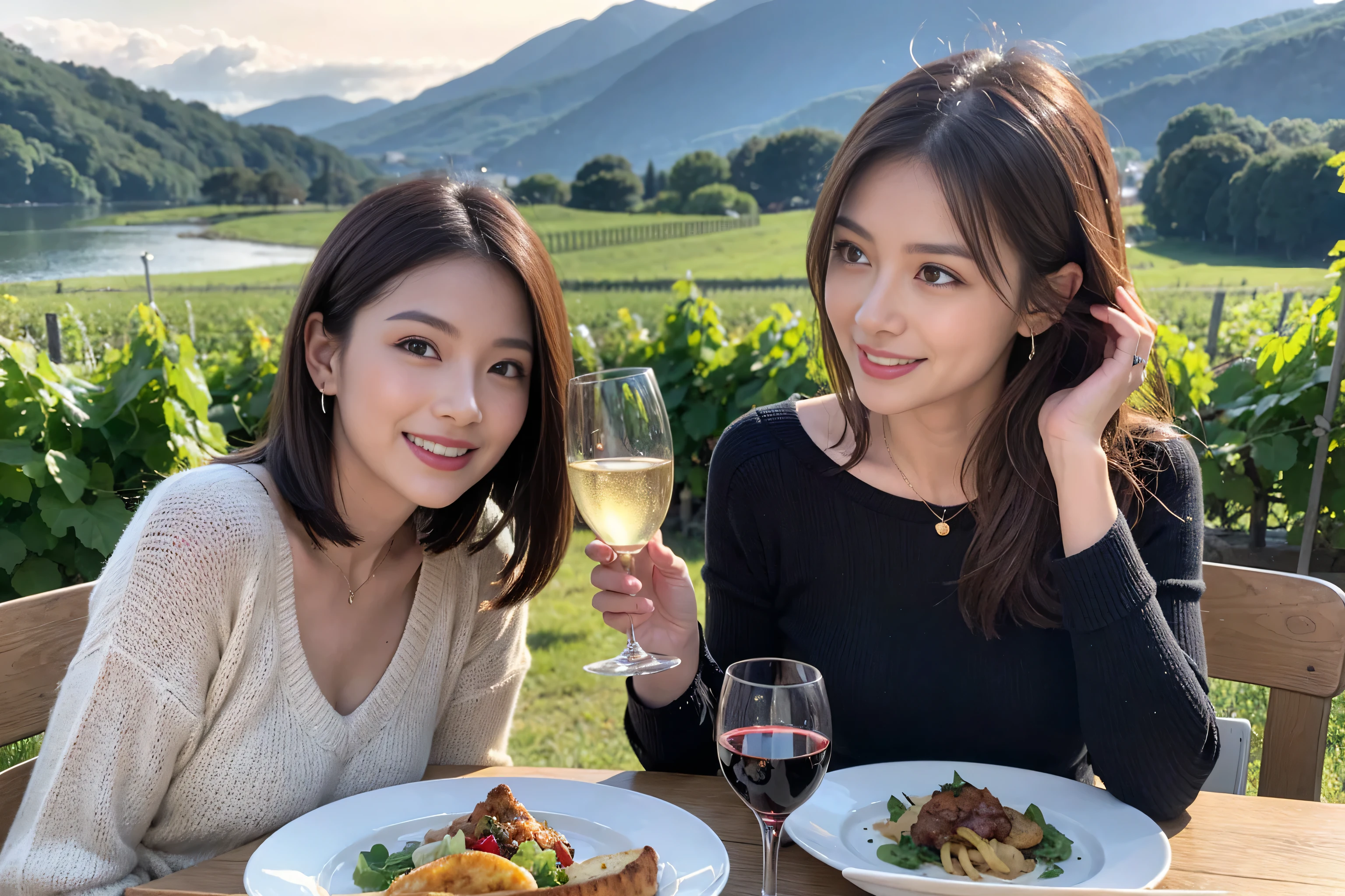 (Realistic:1.1),(masterpiece,Highest quality),8k,(49 years old), 53 years old, slimカップル、Model Couple、actress/actor、Tight waist,Upper Body,full-course dinner、wine 、Amazing view of the sunset sky and clouds、Perfect Anatomy, Brown Hair, short hair,Random Hairstyles,((Highly detailed face and eyes:1.2)),きれいなactressさん,Perfect golden ratio face,Long sleeve shirt、dress,(smile:1.2)、Shortcuts、cute、(Realistic, Intricate details:1.2), A bright smile、short hair,Bright Face、赤wine 、Appetizers、Italian food、wine bottle、Champagne、スパークリングwine、(slimな顔), (The body is slim), (Brown Hair), (Shortcuts), Upper Body, 白wine, slim, wineグラス,