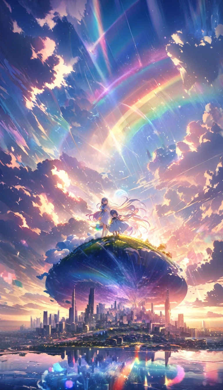 Angelic, Detailed landscape, sunrise, rainbow, After the Rain, horizon, In the sky, city , Lens flare, colorful, An atmosphere full of dreams and hope，masterpiece．16K, Ultra-high resolution, to be born,wonderful ,future、rainbow色の、The world 30 years from now。