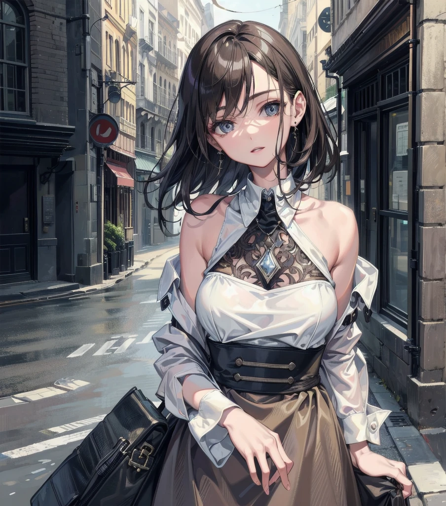 absurdres, RAW photo, extremely delicate and beautiful, masterpiece, Best Quality, ultra high resolution, 32k, hyperrealistic, ultra-detailed, Very detailed CG 8k wallpaper, detailed background, landscape, Beautiful Lighting, Perfect Lightning, Realistic Shadows, perfect anatomy, anatomically correct, perfect figure, Perfect Style, Perfect balance, super Detailed skin, in her 30s, very Slim body, narrow waist, very small head, very small face, delicate facial features, handsome detailed woman, very detailed eyes and face, realistic face proportions, Realistic beautiful face, Realistic beautiful eyes, tearful mole, earring, whole body shot, very huge round tits, medium hair, asymmetrical hair, outdoor, light_brown maid uniform, 
