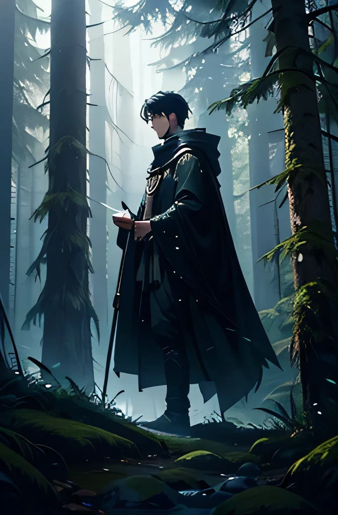 Create an image of a young man in a mystical forest with tall trees and light fog, illuminated by moonlight. The man must have fair skin, straight, short black hair, and be walking with a thoughtful expression, dressed in a long, dark cloak. The atmosphere must convey mystery and wisdom. Use 8k resolution, with fantasy rendering style. Lighting should be soft, with ultra-fine details. The image should tell the story of Miguel in a mystical forest, highlighting his mystery and wisdom.
