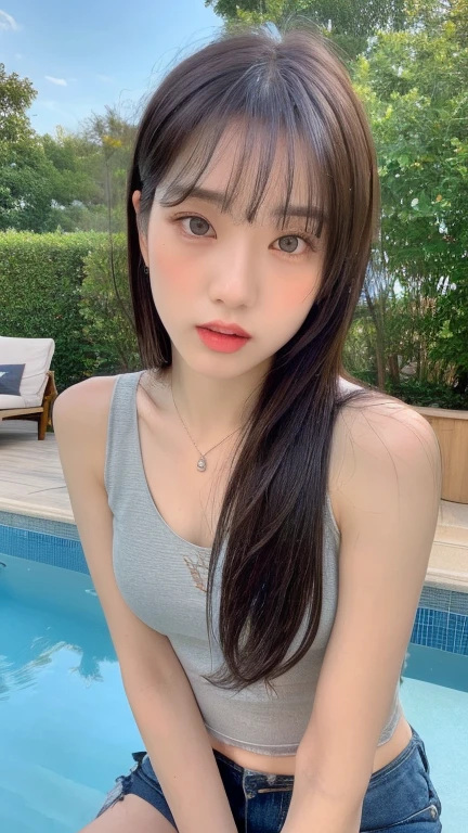 ((Highest quality, 8k, masterpiece :1.3)),   Sharp focus :1.2,   (((Jis))).    Beautiful woman with perfect figure :1.4,   Slim Abs :1.2,   Highly detailed face,   Highly detailed lips,    Detailed eyes,   double eyelid,   Makeup face.  lipstick.   (((With bangs、Long, straight, thin hair))). 

((Torn shorts)),  ((Tank top)),   please sit down,    By the pool 