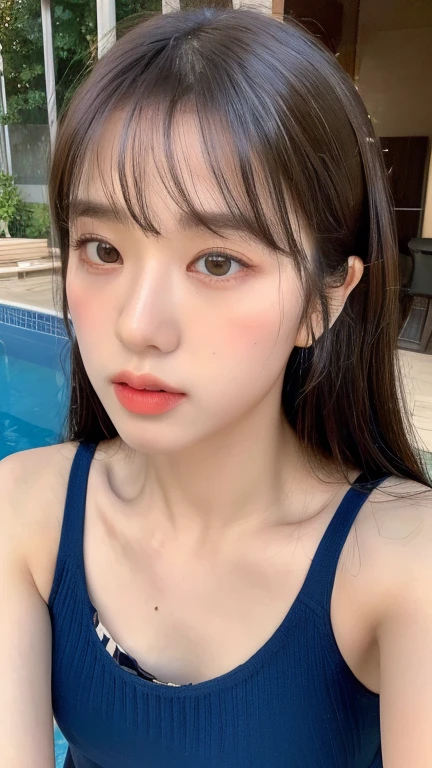 ((Highest quality, 8k, masterpiece :1.3)),   Sharp focus :1.2,   (((Jis))).    Beautiful woman with perfect figure :1.4,   Slim Abs :1.2,   Highly detailed face,   Highly detailed lips,    Detailed eyes,   double eyelid,   Makeup face.  lipstick.   (((With bangs、Long, straight, thin hair))). 

((Torn shorts)),  ((Tank top)),   please sit down,    By the pool 