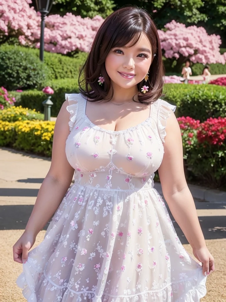 A beautiful and hot almost chubby mature woman.who is wearing a patterned short dress and is and standing in the park. A smiling face、sexy woman、A radiant smile、adorable、race、Frills、Colorful design、Full-length mirror、An inviting gaze、Gorgeous long and beautiful hairstyle、variation Hairstyle、Open neck blouse、Flower Garden、(flower:1.2)、Full body photo、((Delicately decorated dress))、1人, 