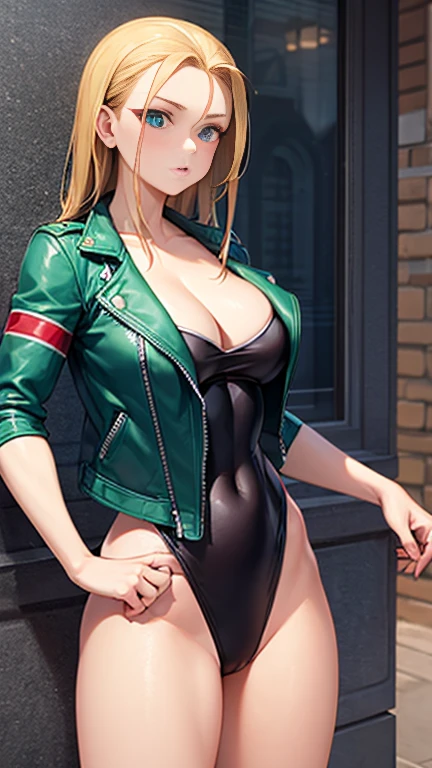 Cammy has large breasts and is naked and she is wearing her leather jacket