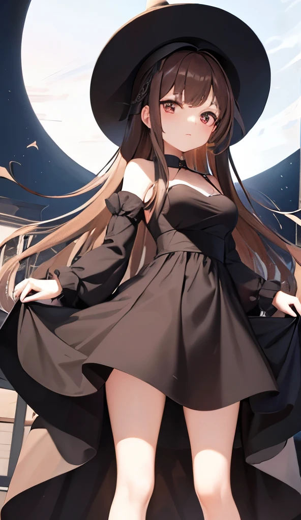 One girl、Round hat、Black dress、Holding the hat with your hands、semi-long、Light brown hair
