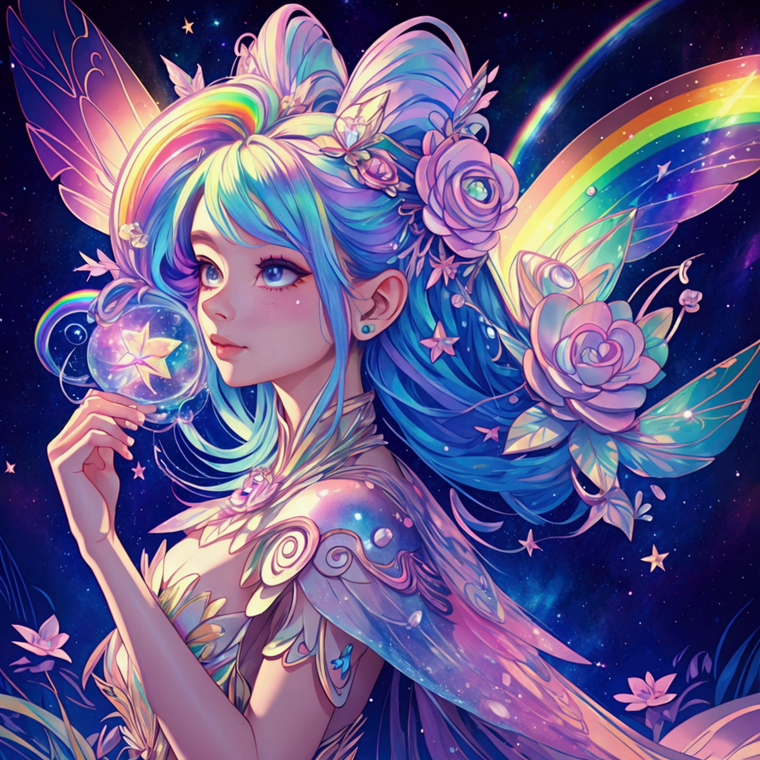 a pretty fairy with rainbow hair in a galactic rainbow universe with starry lined trails