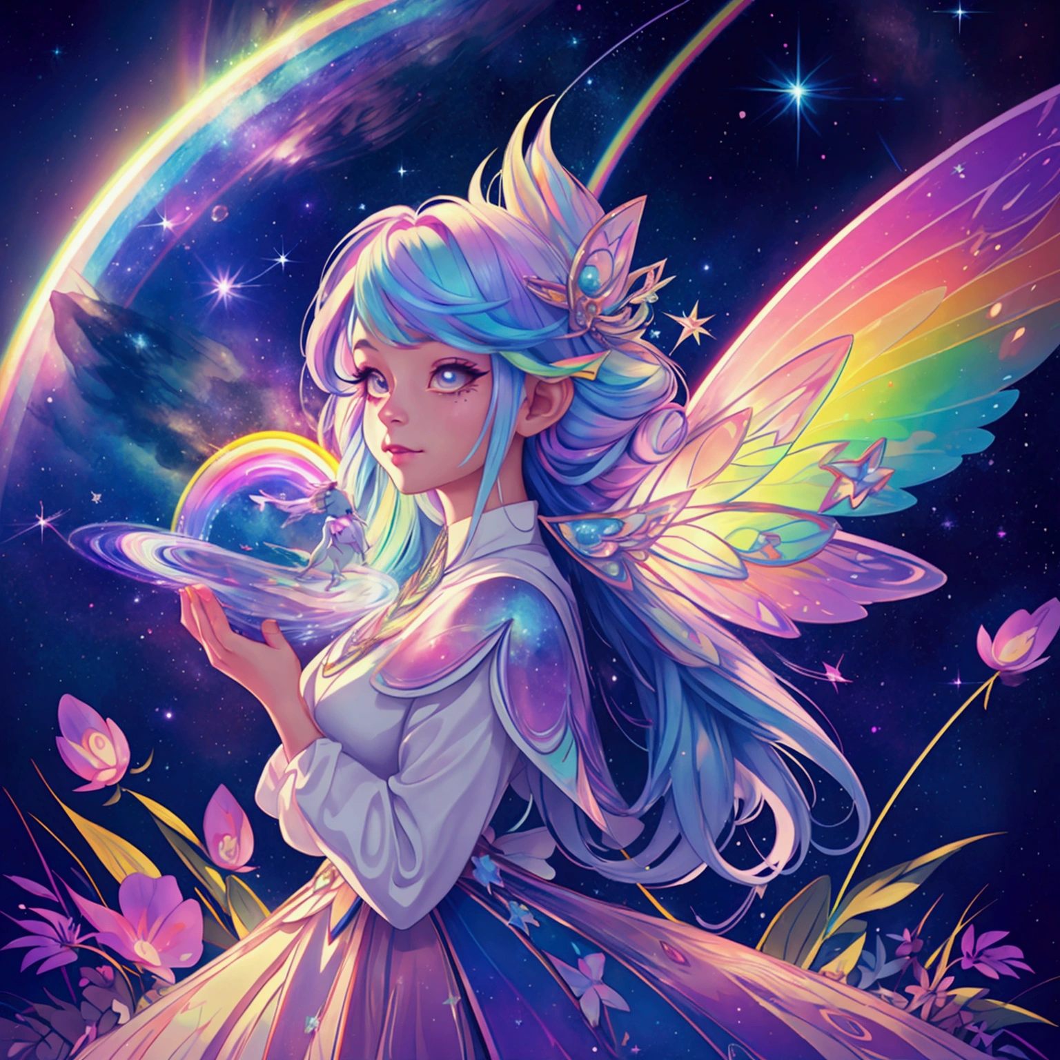 a pretty fairy with rainbow hair in a galactic rainbow universe with starry lined trails