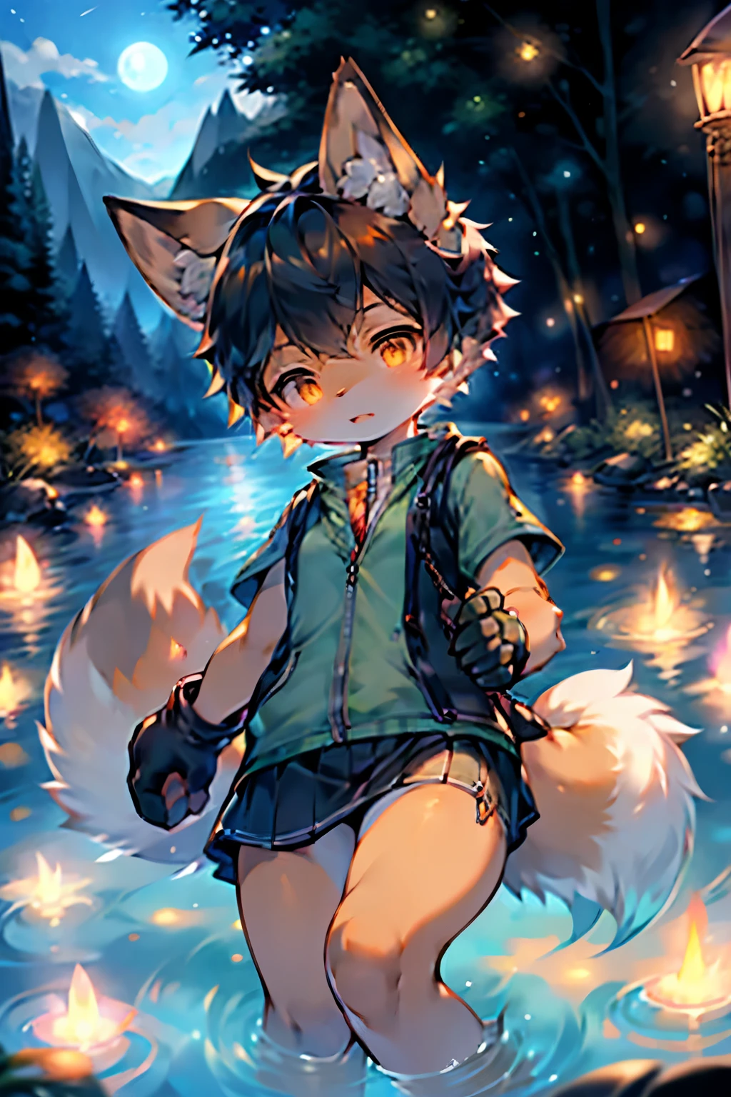 Fox Girl,Furry girls,Baby girl characteristics,Black hair,Orange Skin,Vest,Short skirt,lake background,camping