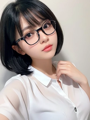 20-year-old women、Japanese、Beauty、The eyes are double、White blouse、White Background、Beautiful breasts、Beautiful Skin、Glossy lips、Black short hair、Black Hair、Black-rimmed glasses、Upper body close-up、rest one's chin on one's hand、head whole、Shooting from an angle