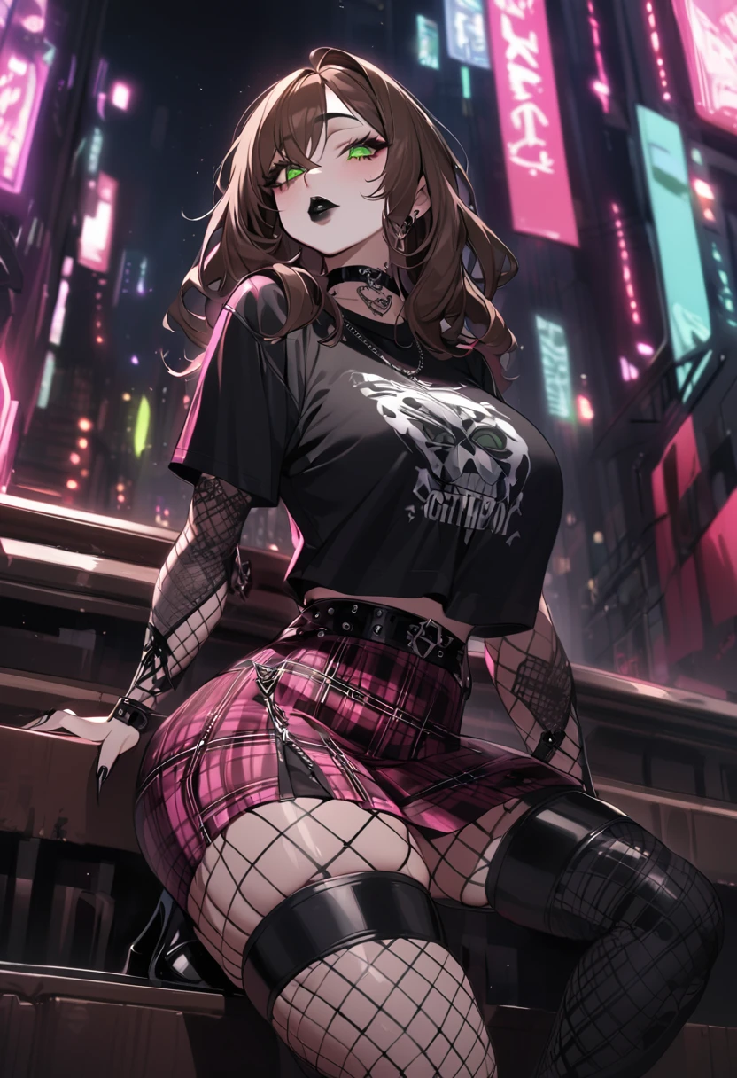 Curvy girl with brown hair and green eyes in gothic style, slim waist, wearing black and pink plaid skirt, thigh-high socks, fishnet, and long black acrylic fingernails, black lipstick, glitzy eyeshadow, graphic tee, choker, platform heels, high quality, gothic style, detailed eyes, dramatic lightin
07-12