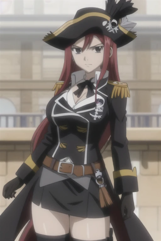 1girl, solo, Erza Scarlet, Fairy Tail, red hair, long hair, facing the viewer, looking at the viewer, sidelocks, black pirate uniform, (long sleeves), (long coat), epaulettes, big breasts, cleavage, belt, black miniskirt, gloves, black wide-brim pirate hat, black hat, closed mouth