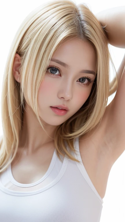 (((amount、Extreme pose、Calm face、Training wear、white blonde Hair、Waist-length hair、Northern Europe、white、beautiful girl、blonde、white background、cute、young、True Face、Shiny Hair、whole body)))、Tabletop, Highest quality, shape, Very detailed, finely, High resolution, 8k wallpaper, Perfect dynamic composition, finelyて美しい目, Deco Out,blonde, Medium Hair, Big Breasts, Natural color lip,white色の背景, random cute poses,Frill dress