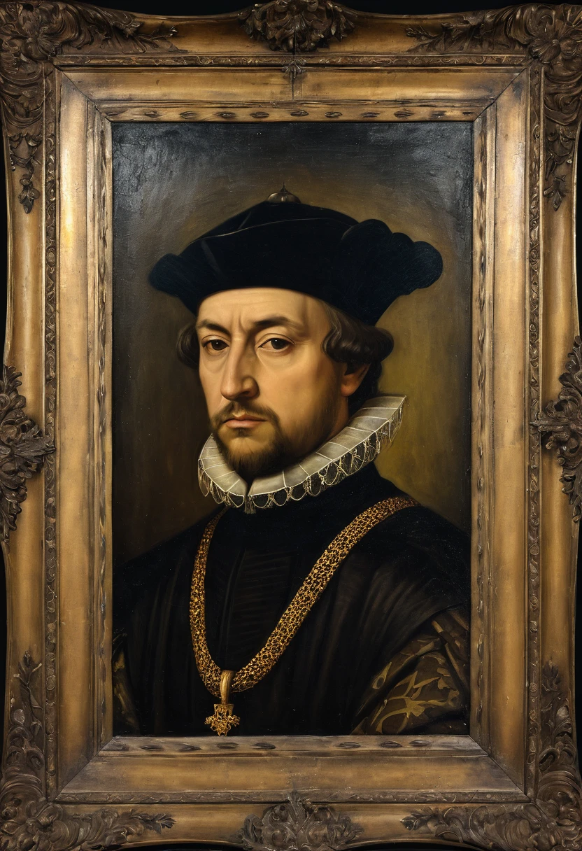 a kingship portrait, frame, old picture, 1500 dated, oil painting, antique period, suspense tone, sadness style, desaturated image
