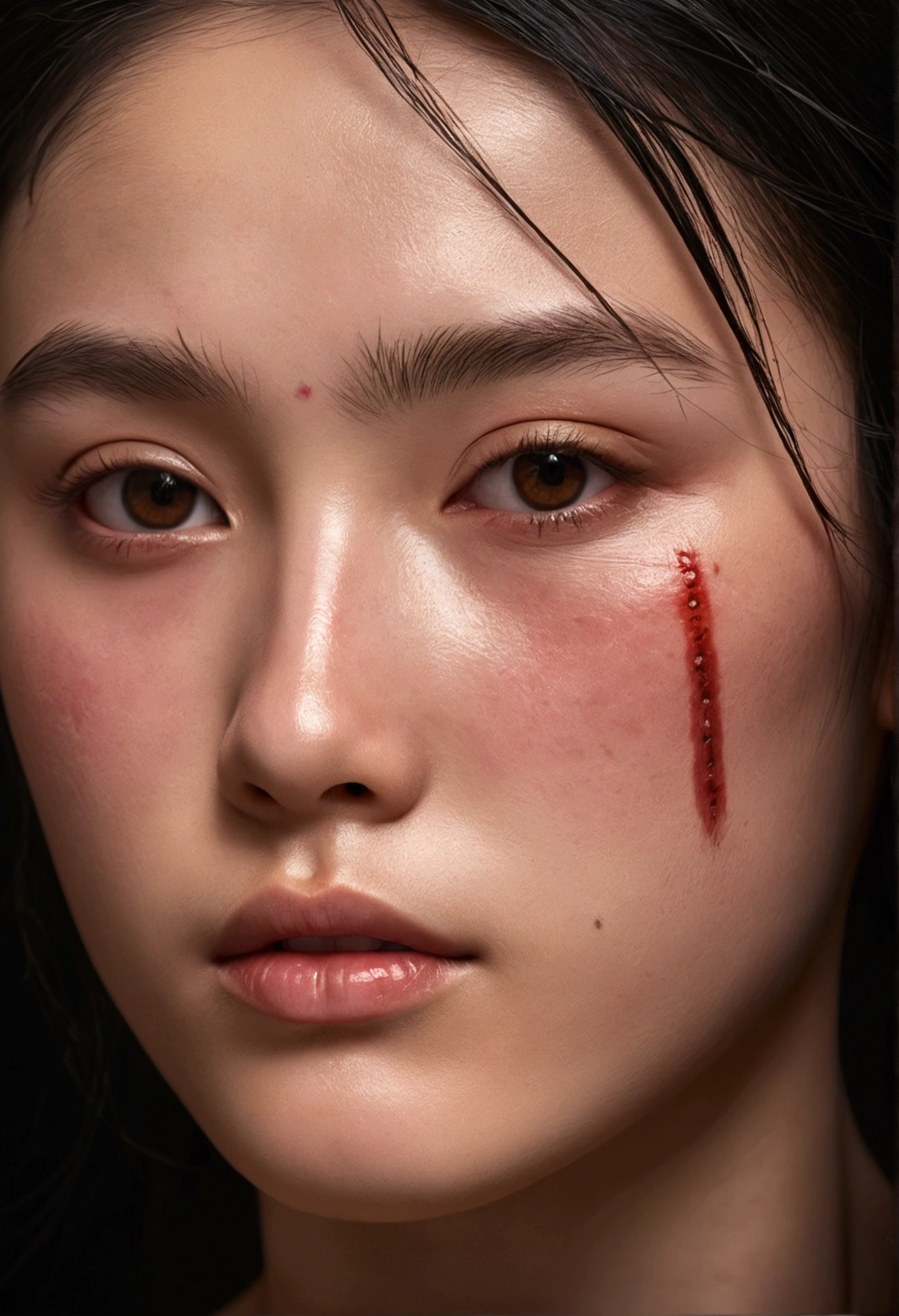 soil elements,sand,One girl,a girl made of sand,cracked skin,Part your lips,Realistic,Red Girl,青と黄色のsand利,Black Hair,crack,rock,Portraiture,
