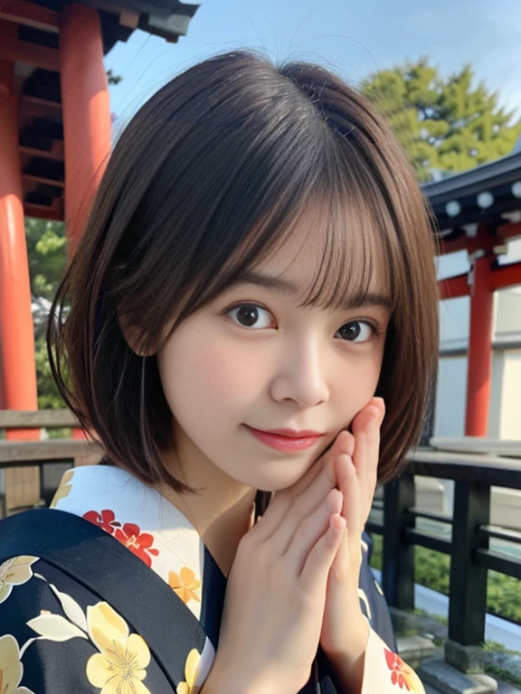 (Dressed in beautiful and colorful kimonos、Close-up portrait of a short-haired woman with blunt bangs:1.5)、(Woman praying with eyes open at a Japanese shrine:1.5)、(A shrine in Japan with a winter sky:1.5)、(Perfect Anatomy:1.3)、(No mask:1.3)、(Full Finger:1.3)、Age 35、Temple、Round、Bandage、Married Woman Style、cute、Realistic、photograph、Tabletop、Highest quality、High resolution, Delicate and beautiful、Perfect Face、Beautiful attention to detail、Fair skin、Real human skin、pores、((Thin legs))、(Brown Hair)、(zoom)