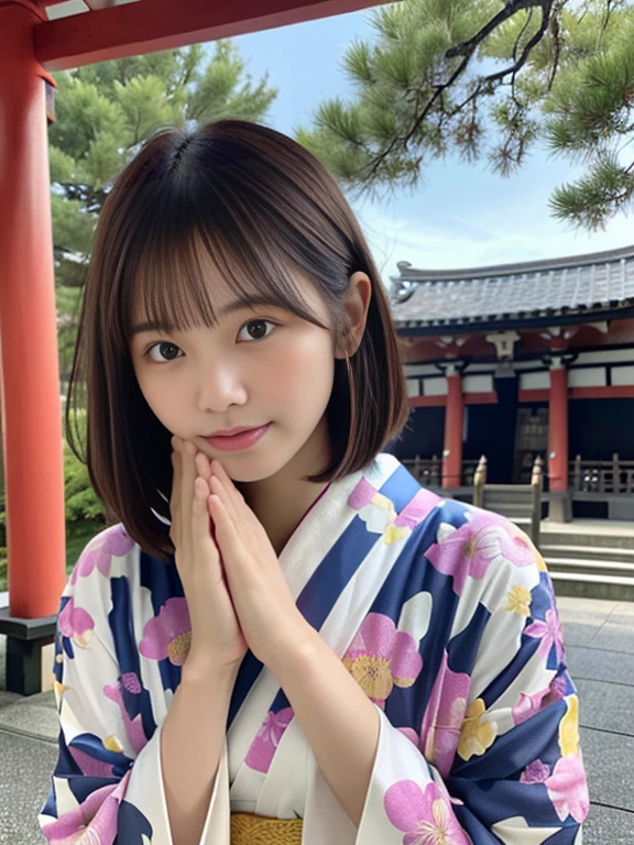 (Dressed in beautiful and colorful kimonos、Close-up portrait of a short-haired woman with blunt bangs:1.5)、(Woman praying with eyes open at a Japanese shrine:1.5)、(A shrine in Japan with a winter sky:1.5)、(Perfect Anatomy:1.3)、(No mask:1.3)、(Full Finger:1.3)、Age 35、Temple、Round、Bandage、Married Woman Style、cute、Realistic、photograph、Tabletop、Highest quality、High resolution, Delicate and beautiful、Perfect Face、Beautiful attention to detail、Fair skin、Real human skin、pores、((Thin legs))、(Brown Hair)、(zoom)