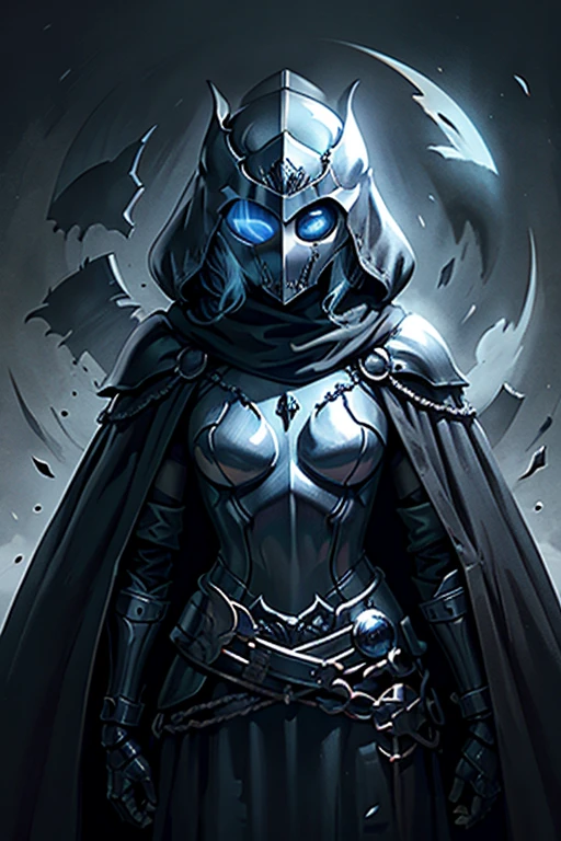 Knight, female, helmet, ghost, crown, dark, solo, alone, grey, covered face, medieval, lich, 