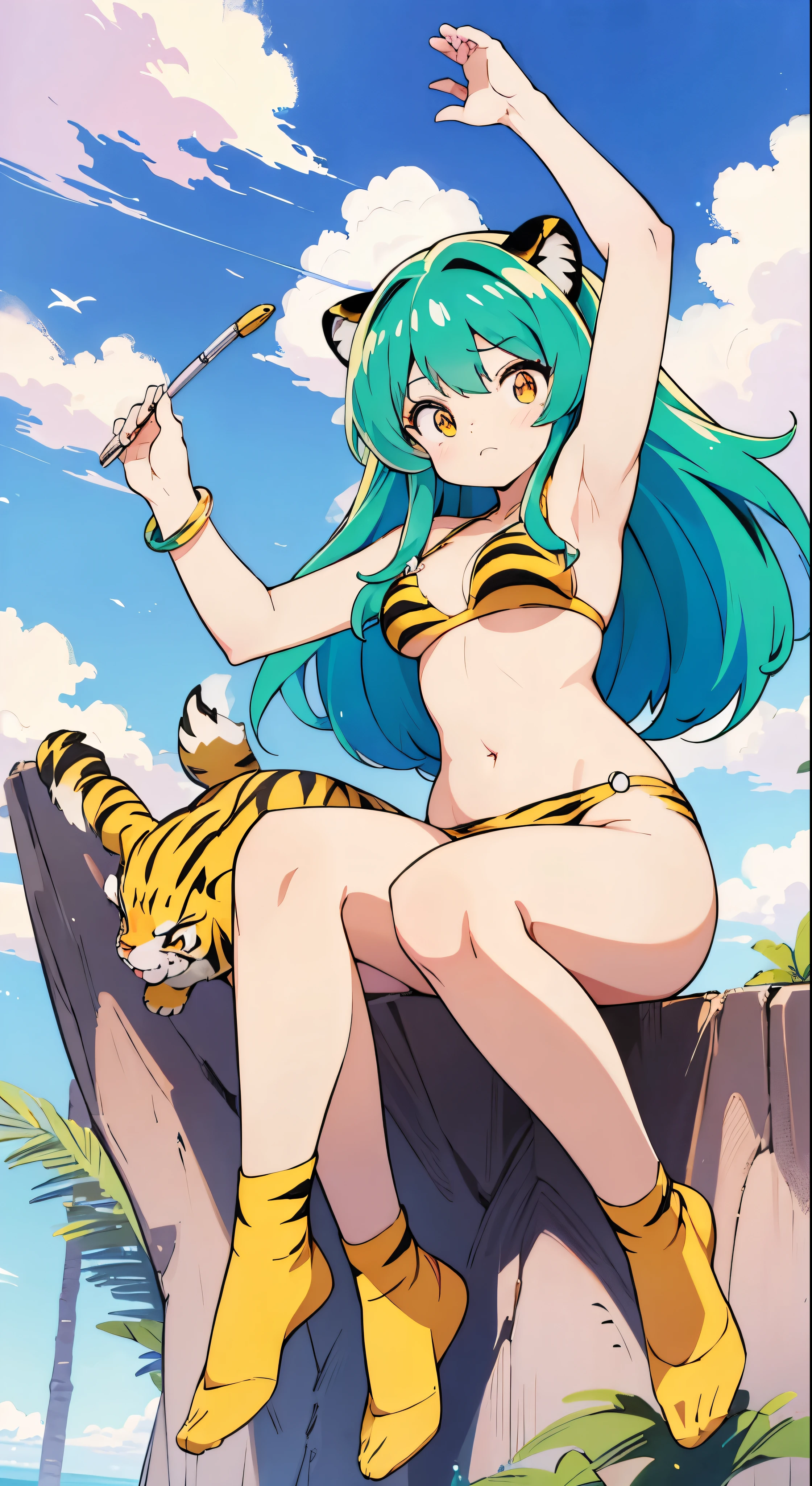 with high definition images,Urusei Yatsura images,Manga character with tiger striped bikini、Urusei Yatsura no Ram-chan,With a cute face as it flies through the sky。Facial details，Full body high quality images