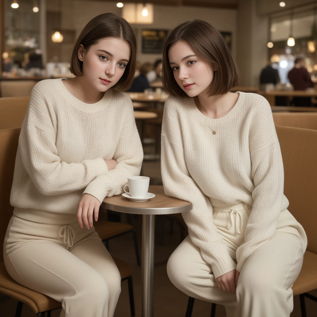 (((close up high definition))), two very calm beautiful aged pale girls, wearing white sweater with light brown long pants, sitting in cafe shop environment, beautiful, night