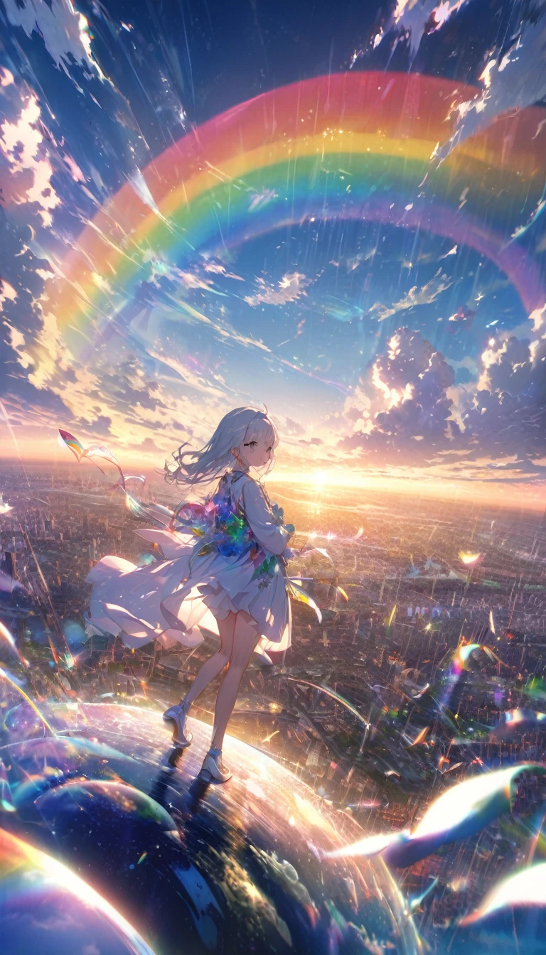 Angelic, Detailed landscape, sunrise, rainbow, After the Rain, horizon, In the sky, city , Lens flare, colorful, An atmosphere full of dreams and hope，masterpiece．16K, Ultra-high resolution, to be born,wonderful ,future、rainbow色の、The world 30 years from now。