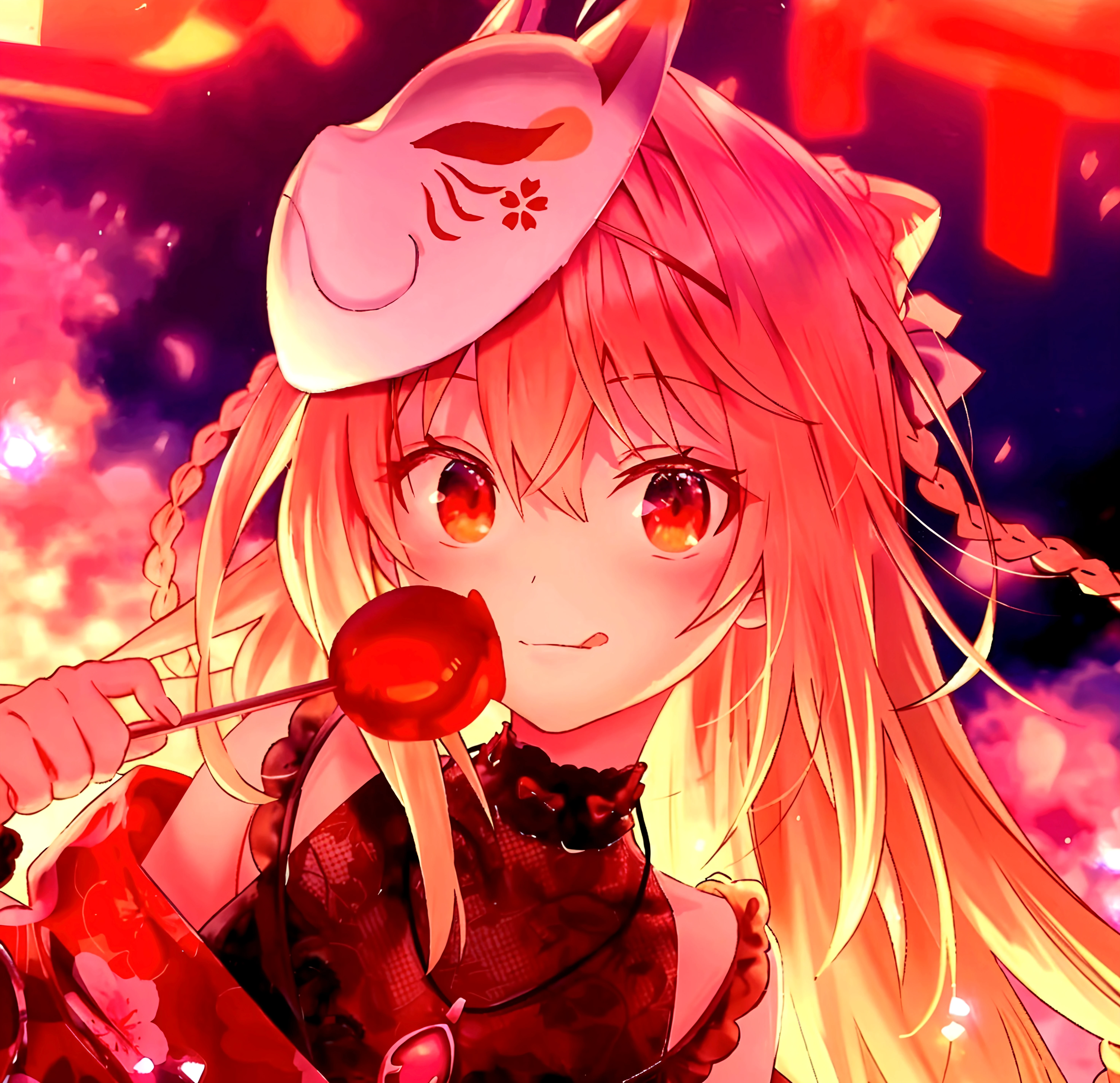 1girl,blonde_hair,blue_tabard,blush_stickers,closed_mouth,commentary,dress,food,fox_tail,frilled_dress,frills,fruit,fumo_(doll),hat,ice_cream,jitome,leaf,long_sleeves,mini_person,minigirl,mob_cap,multiple_tails,ofuda,ofuda_on_clothes,on_food,red_background,sitting,socks,solo,strawberry,symbol-only_commentary,tabard,tail,touhou,whipped_cream,white_dress,white_hat,white_socks,yakumo_ran,yakumora_n,yellow_eyes, best quality, masterpiece, nai3