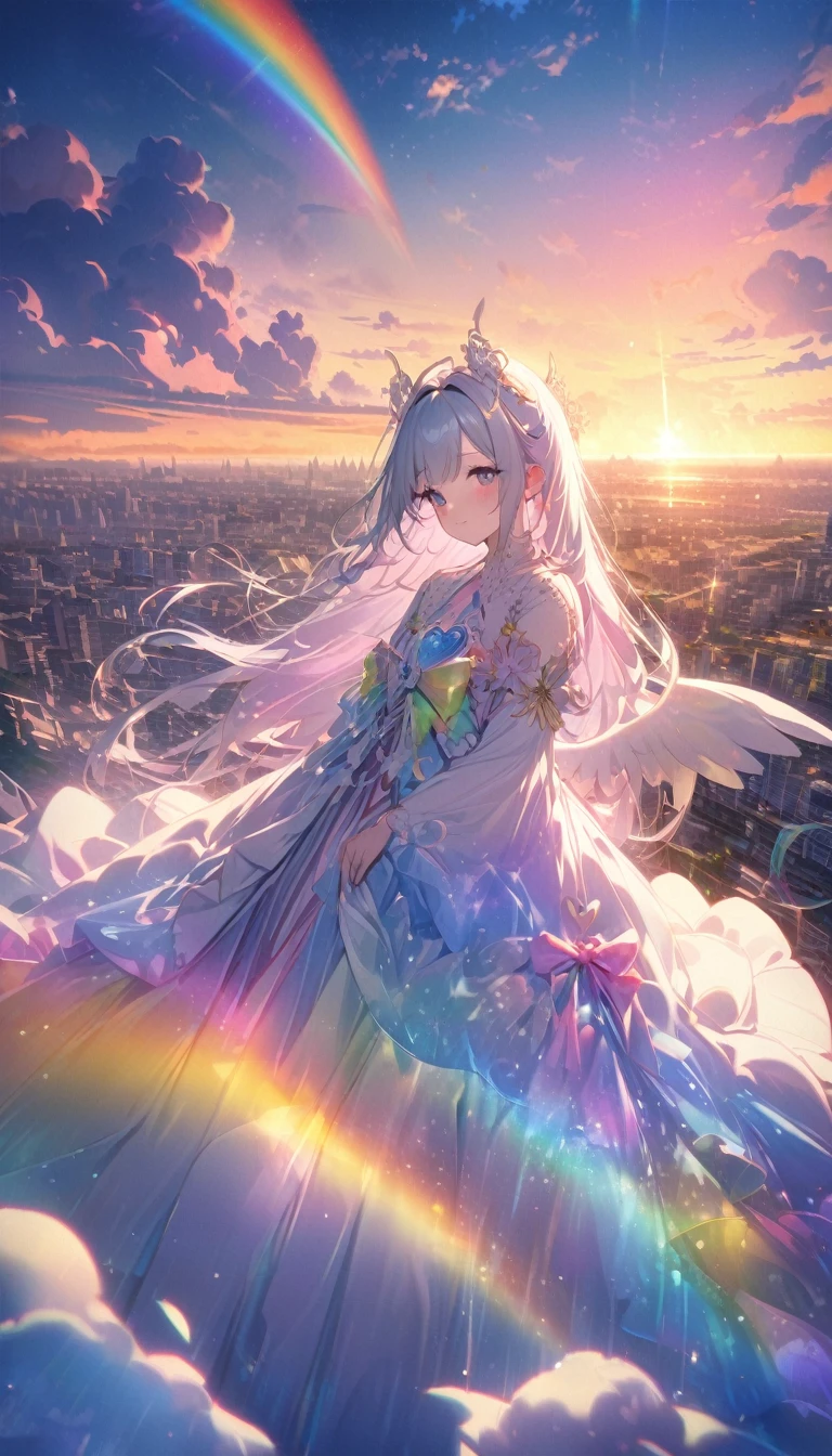 Angelic, Detailed landscape, sunrise, rainbow, After the Rain, horizon, In the sky, city , Lens flare, colorful, An atmosphere full of dreams and hope，masterpiece．16K, Ultra-high resolution, to be born,wonderful ,future、rainbow色の、The world 30 years from now。