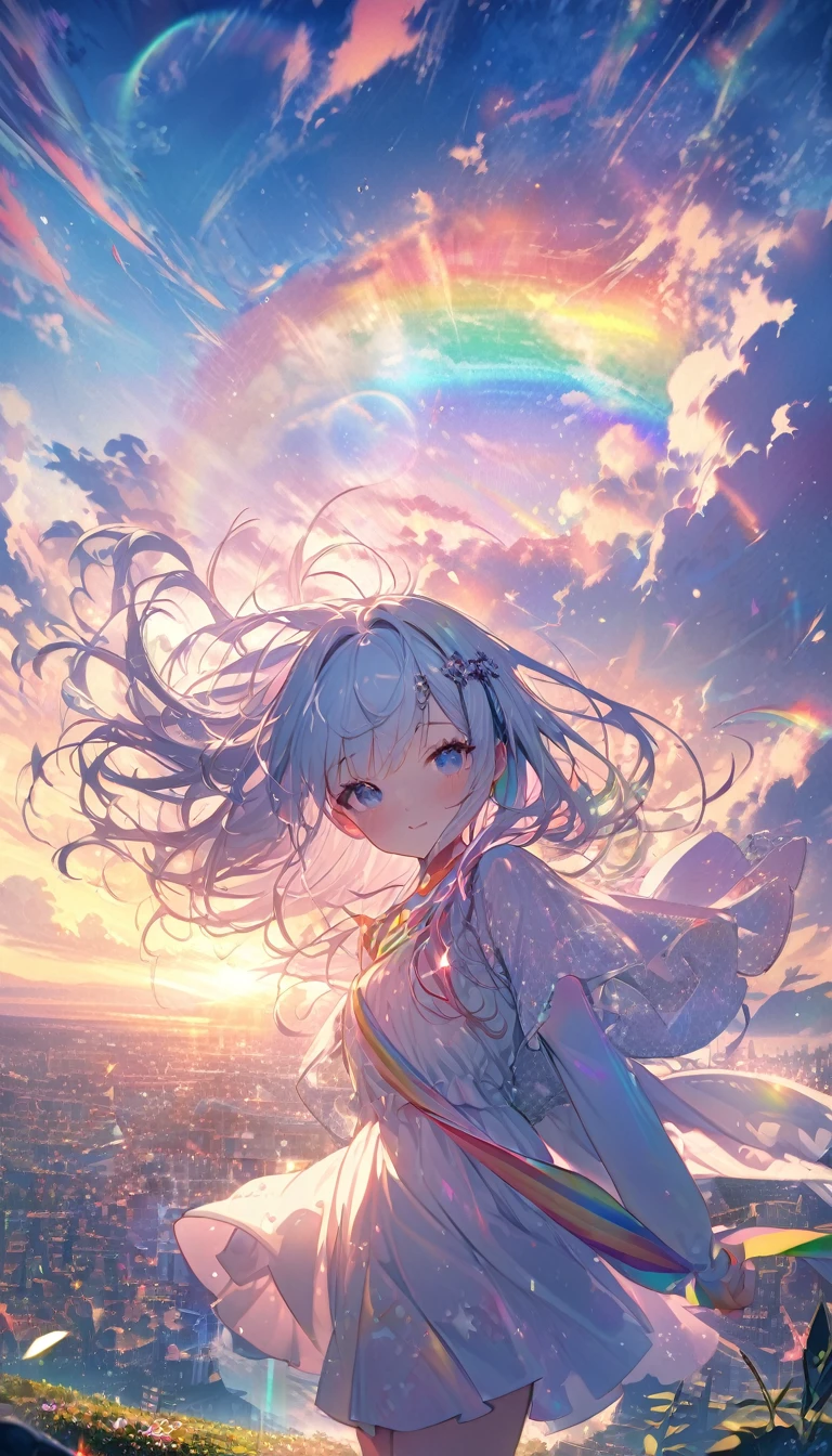 Angelic, Detailed landscape, sunrise, rainbow, After the Rain, horizon, In the sky, city , Lens flare, colorful, An atmosphere full of dreams and hope,masterpiece.16K, Ultra-high resolution, to be born,wonderful ,future、rainbow色の、The world 30 years from now。