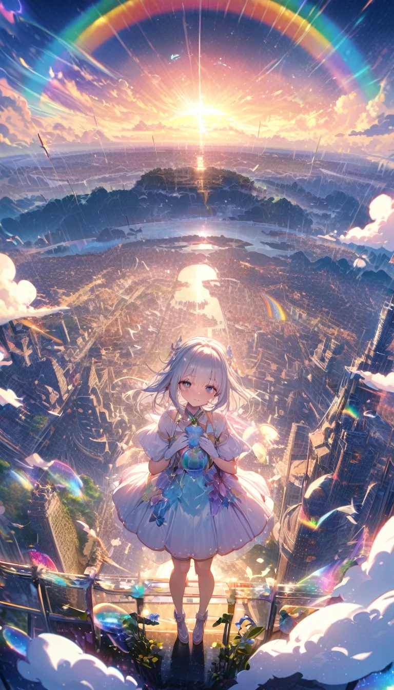 Angelic, Detailed landscape, sunrise, rainbow, After the Rain, horizon, In the sky, city , Lens flare, colorful, An atmosphere full of dreams and hope,masterpiece.16K, Ultra-high resolution, to be born,wonderful ,future、rainbow色の、The world 30 years from now。