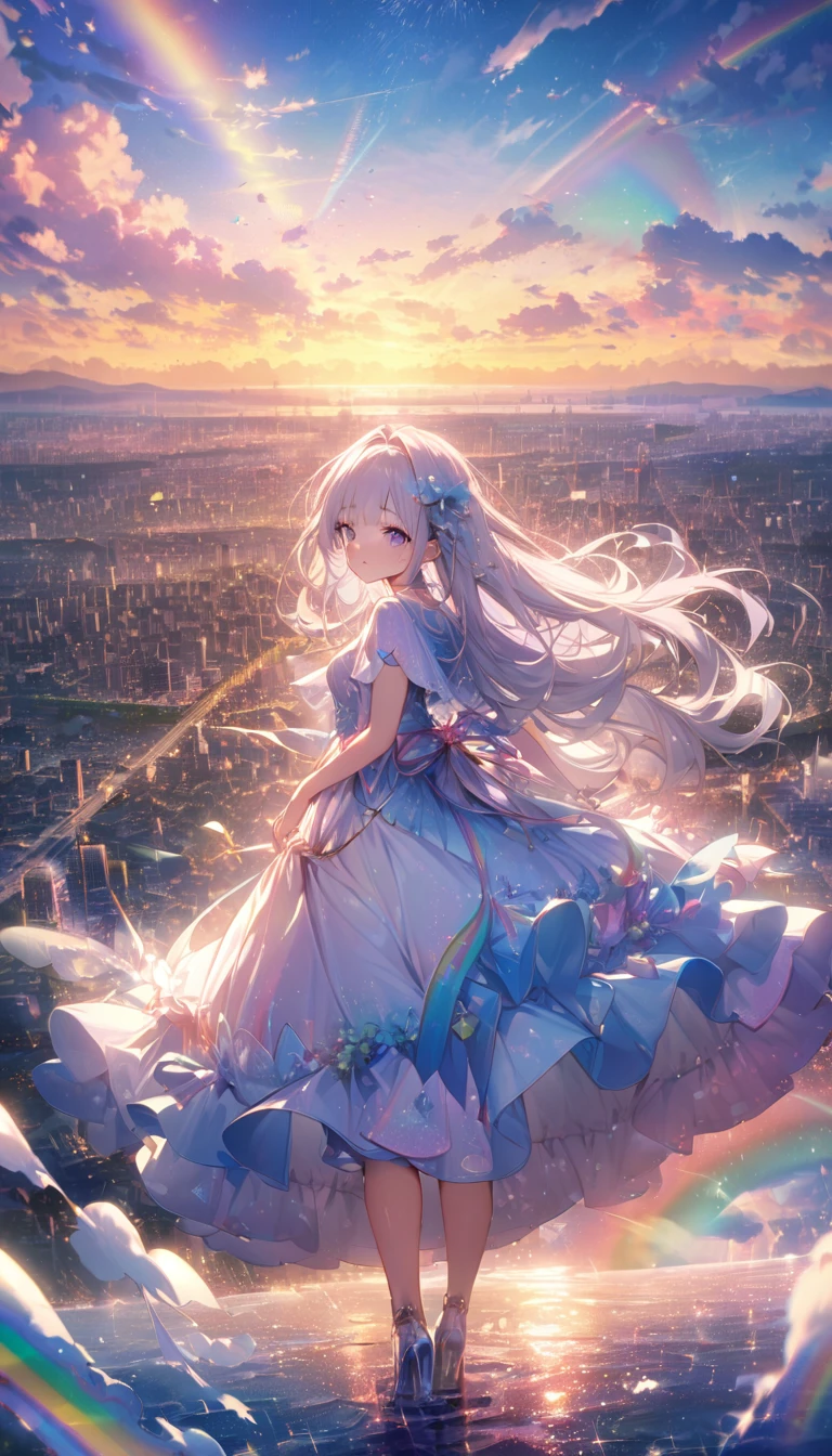 Angelic, Detailed landscape, sunrise, rainbow, After the Rain, horizon, In the sky, city , Lens flare, colorful, An atmosphere full of dreams and hope，masterpiece．16K, Ultra-high resolution, to be born,wonderful ,future、rainbow色の、The world 30 years from now。