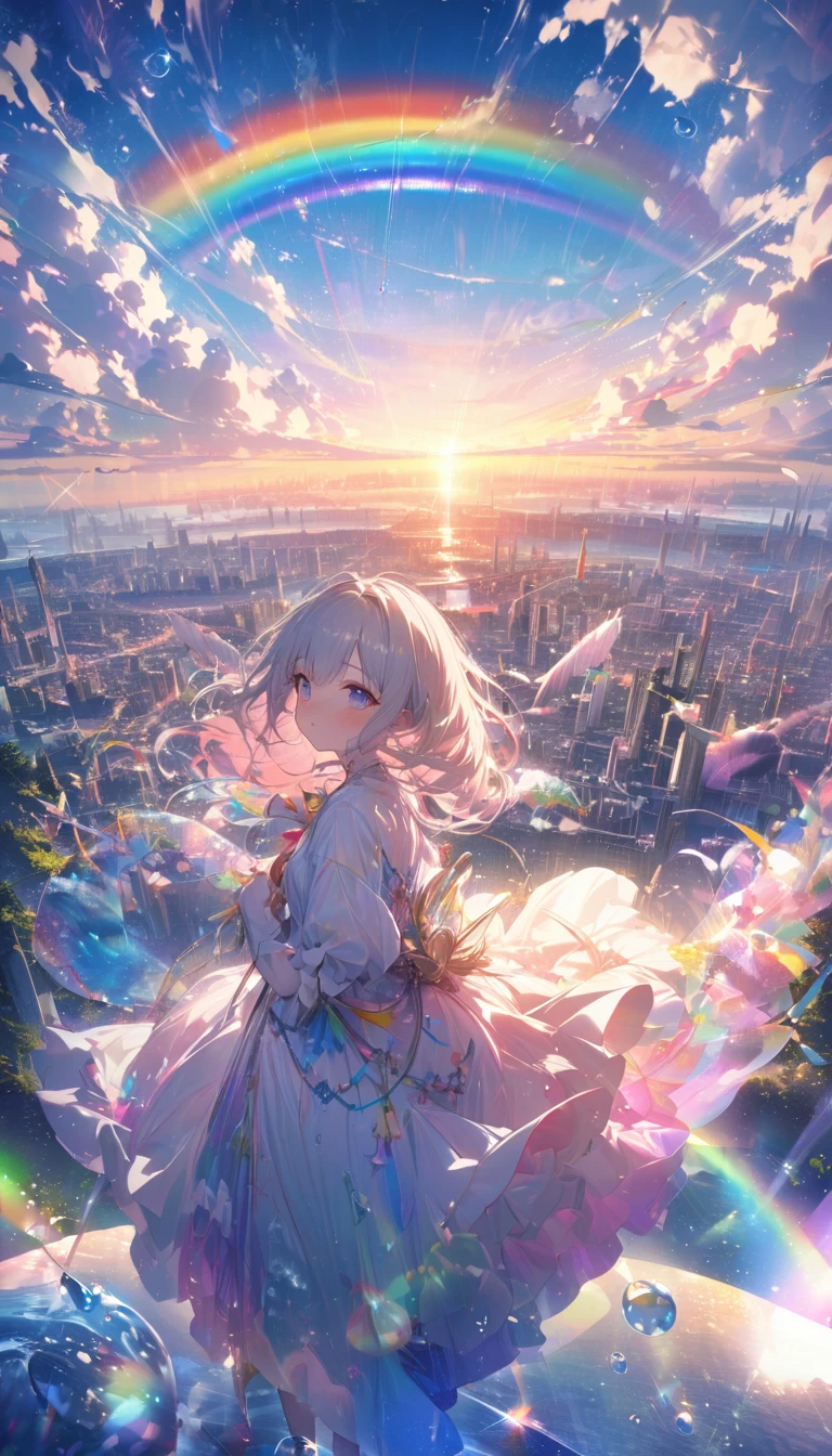 Angelic, Detailed landscape, sunrise, rainbow, After the Rain, horizon, In the sky, city , Lens flare, colorful, An atmosphere full of dreams and hope，masterpiece．16K, Ultra-high resolution, to be born,wonderful ,future、rainbow色の、The world 30 years from now。