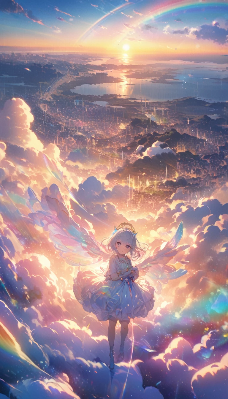 Angelic, Detailed landscape, sunrise, rainbow, After the Rain, horizon, In the sky, city , Lens flare, colorful, An atmosphere full of dreams and hope，masterpiece．16K, Ultra-high resolution, to be born,wonderful ,future、rainbow色の、The world 30 years from now。