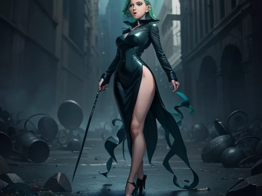 Girl , ,full body 1.2 slim and seductive posing sexy, and detailed perfect with gothic makeup voluminous lips blue eyes ,green hair , medium tits and tight black dress ,deep neckline, fotografía de full body 1.2 high resolution 12k 