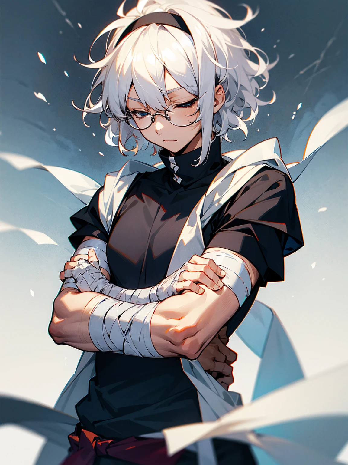 1male, white hair, short hair, wavy hair, glasses, eyes closed, white yukata, bandages around arm, black headband, lean build, arms folded