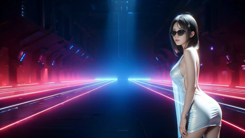 DonMH010D15pl4y, cyberpunk city street. (((1girl, solo, alone))), blue holographic portrait, large-breast:1.2 slim:0.6 body, slim face, cleavage:1.1, sexy jacket, (black sunglasses), (((holding a pistol))), dynamic pose, ((half-body thigh:1.1 level medium shot)), mysterious fog, cinematic lighting, ray tracing.