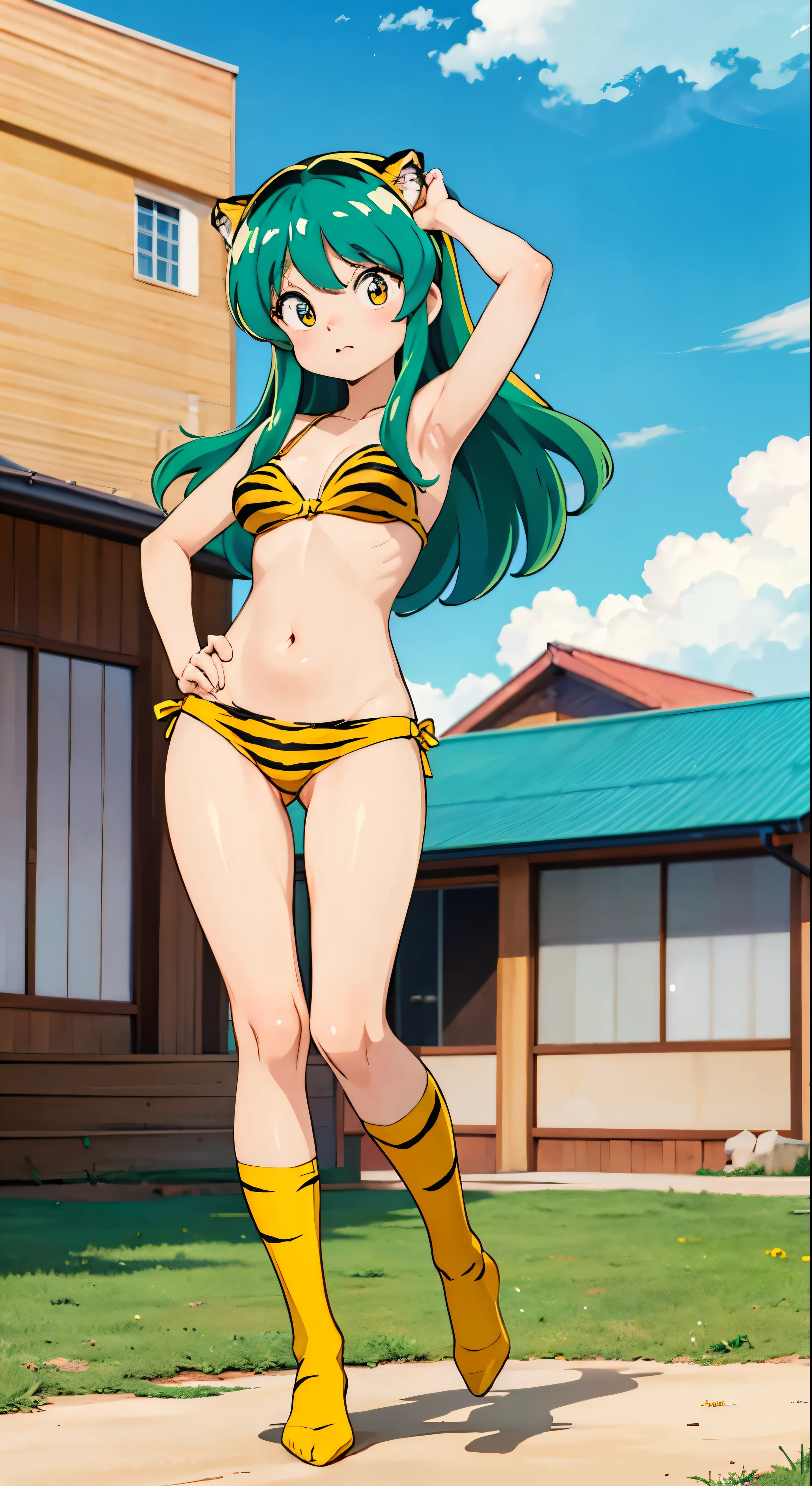 with high definition images,Urusei Yatsura images,Manga character with tiger striped bikini、Urusei Yatsura no Ram-chan,With a cute face as it flies through the sky。Facial details，Full body high quality images