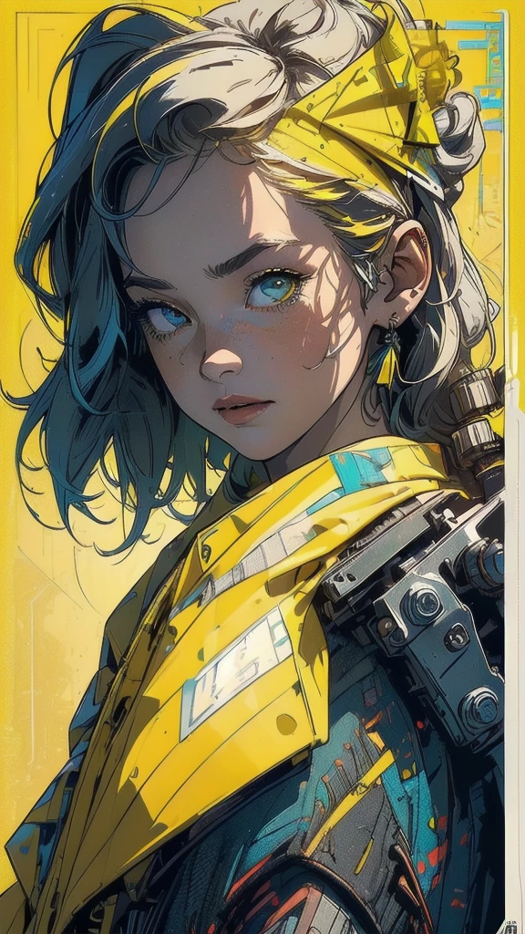 (((masterpiece, highest quality))),(((solo:1.2))),(((1girl:1.2))),32k wallpaper, very detailed, poster, vintage science fiction,(((((geometric cinematic movie poster))))), ((bauhaus)),(shape),(((abstract))),(mid century modern),movie poster,(((((portfolio))))),(((((Close-up))))),(((((bust up))))),((((more various angle)))),((((highlight)))),((((heterochromia)))),(((complete. detailed face))),((((Extremely talented)))),(((((most complecated futristic machine))))),(Colorful color scheme),(((detailed unlimited mechanic complete equipment : classified special))),(((((Absolutely yellow background))))),(((texture:grunge)))
