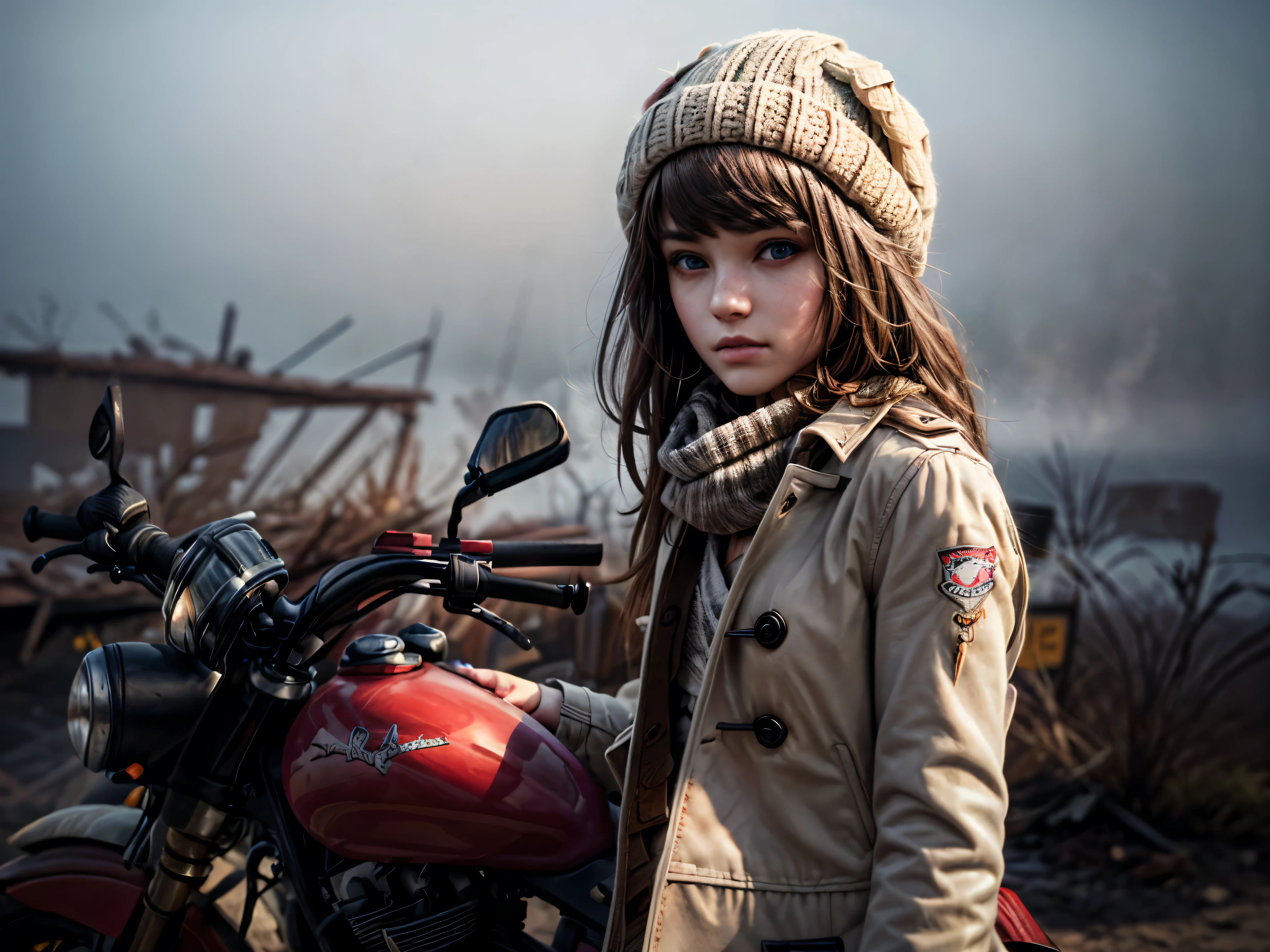masterpiece, highest quality, (solo focus), (perfect face:1.1), (high detail:1.1), 1girl, brown hair, blue eyes, (pink, cream, and brown clothes), large scarf, ((cream pea coat)), brown short skirt, (((pink newsboy hat))), ((holding shotgun)), detailed background, wasteland, leaning on motorcycle, heavy fog, eerie cityscape, cinematic lighting