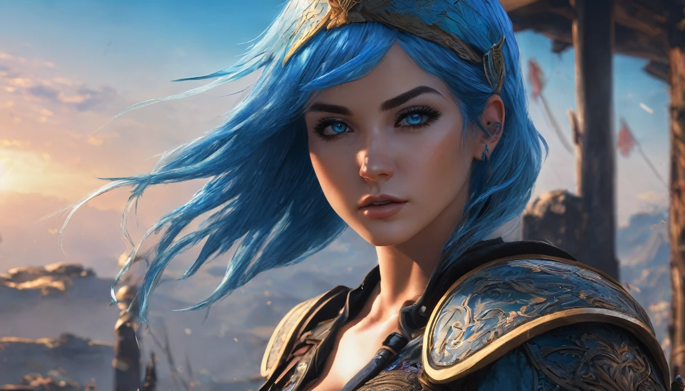 Warrior girl, blue hair, 8k, hdr, detailed background, digital art, ultra-detailed,