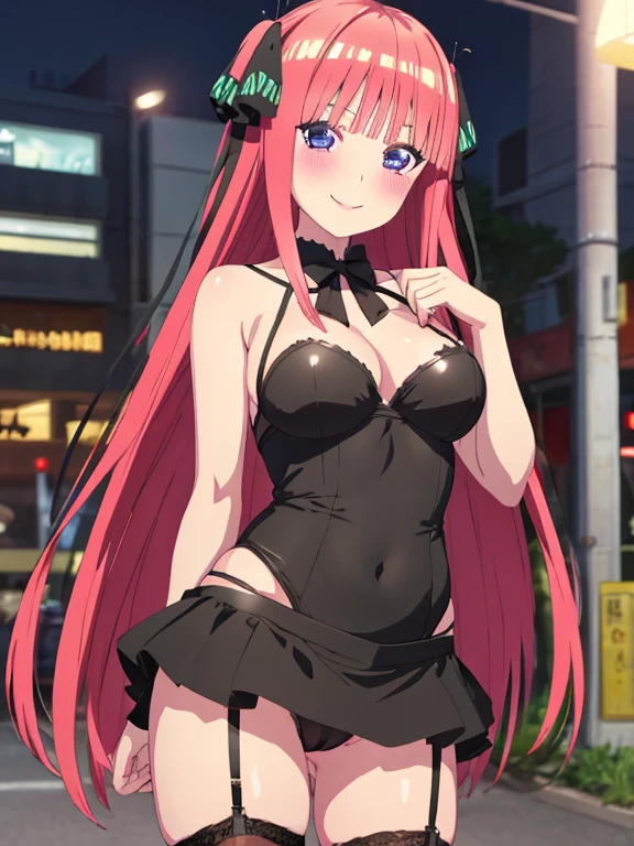 best quality, insanely detailed, nino nakano, , blush, outdoor background, bare-shoulder, looking at viewer, garter strap, a black ribbon, stockings, highleg leotard, pussy, , super mini skirt, garterbelt